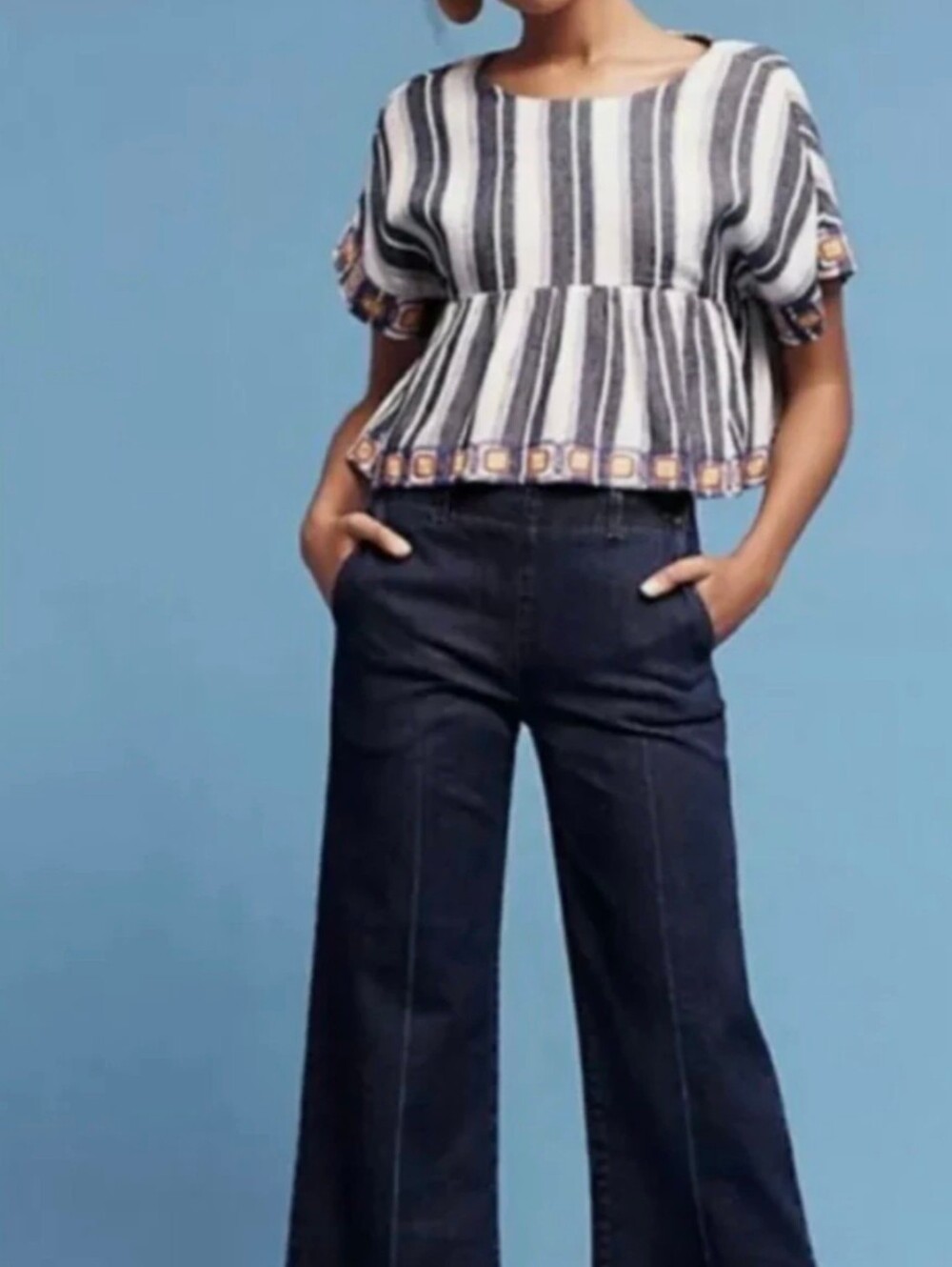 Maeve Navy and White Striped Short-Sleeve Peplum Top with Orange Trim - Picture 2 of 7